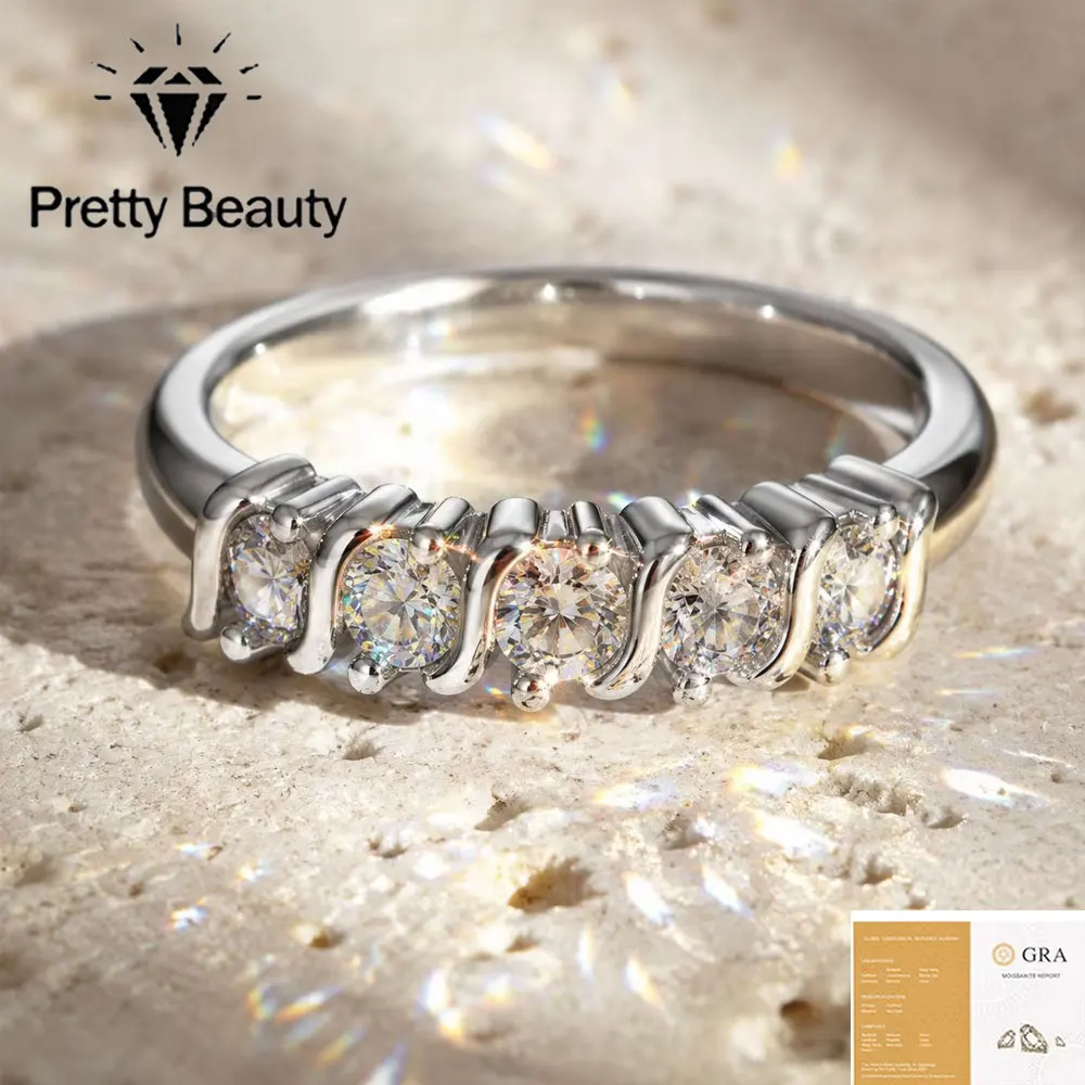 

Pretty Beauty 925 Sterling Silver White Gold Plated Five Stones Wavy Moissanite Ring Half Eternity Band Wedding Band for Women