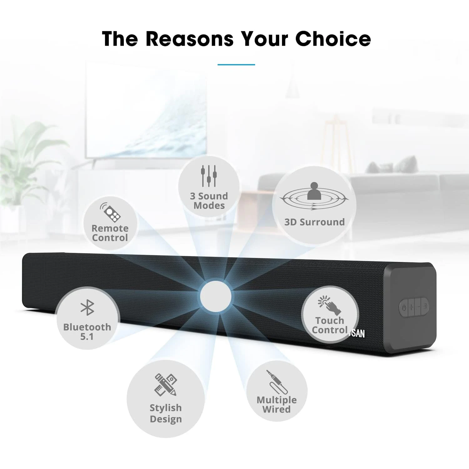 Bestisan Sound 2.0 Channel Soundbar with Built in Subwoofer Speaker, Bluetooth 5.1, Surround Sound Systems for PC, TV Latop, 80W