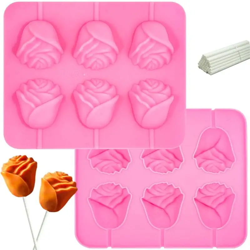 3D Rose Flower Lollipop Mallen 6 Rose Cheese Stick Siliconen Mal Lollipop Chocolade Taart Decoratie Bakvorm Keuken Tool DIY