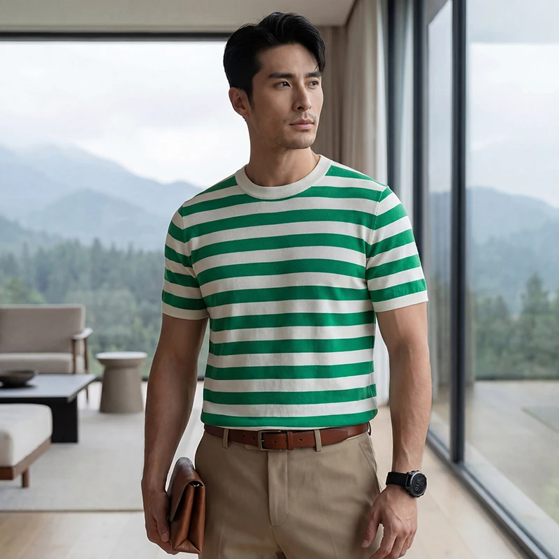 High-End Striped 18-Stitch Fine-Knit Men'S Round-Neck Short-Sleeve Summer Cool Mulberry Silk Knitted T-Shirt Versatile Pullover