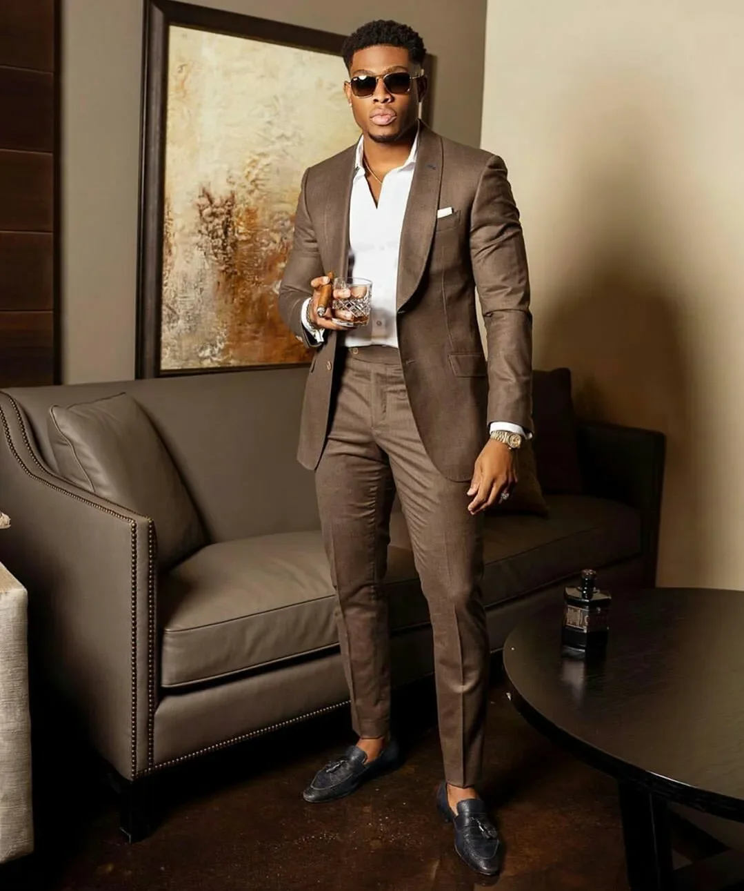

Casual Formal Brown Wedding Men Suits Set Slim Fit Groomsmen Groom Tuxedo 2 Buttons New Designs Shawl Lapel Blazer Pants 2Pcs