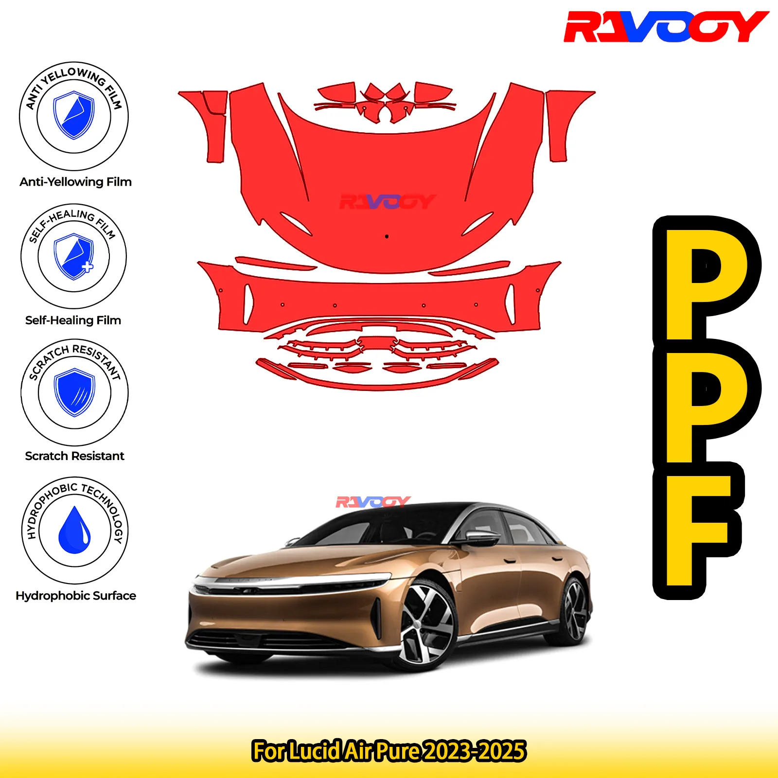 

For Lucid Air Pure 2023-2025 Glossy Matte Black Precut front PPF Kit Paint Protection Film