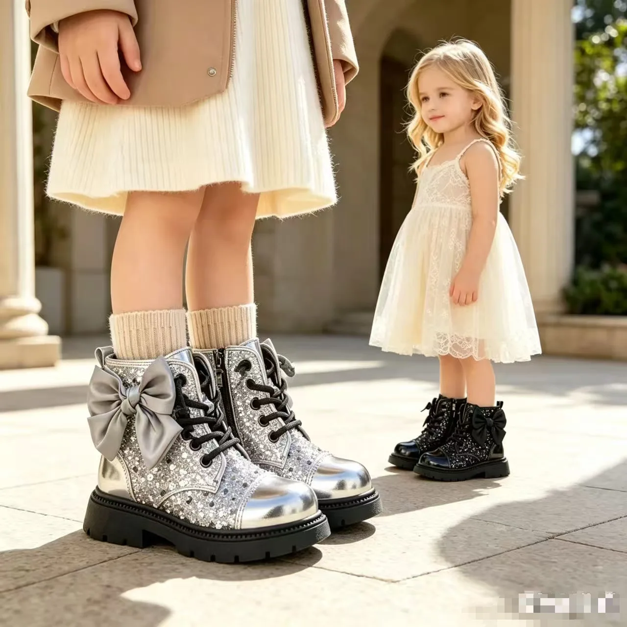 girls ankle boots bowknot glitter kids shoes patent leather lace up zip children 2026 autumn new shoes balck with sliver 26-36