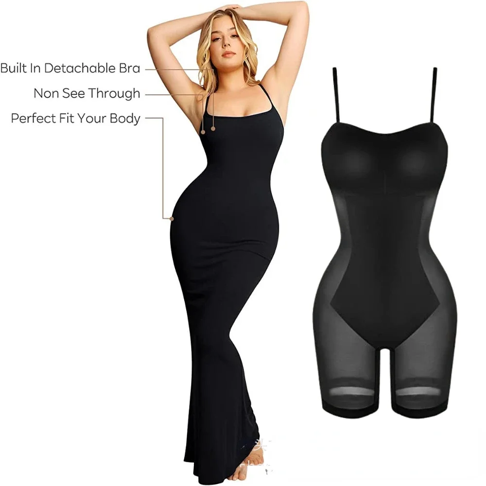 

Two-in-one Shapewear Jumpsuit Tummy Lift Plus-size Corset Open Crotch Suspender Tight Long Dress Chest Pad Bodysuit Fajas Sexy