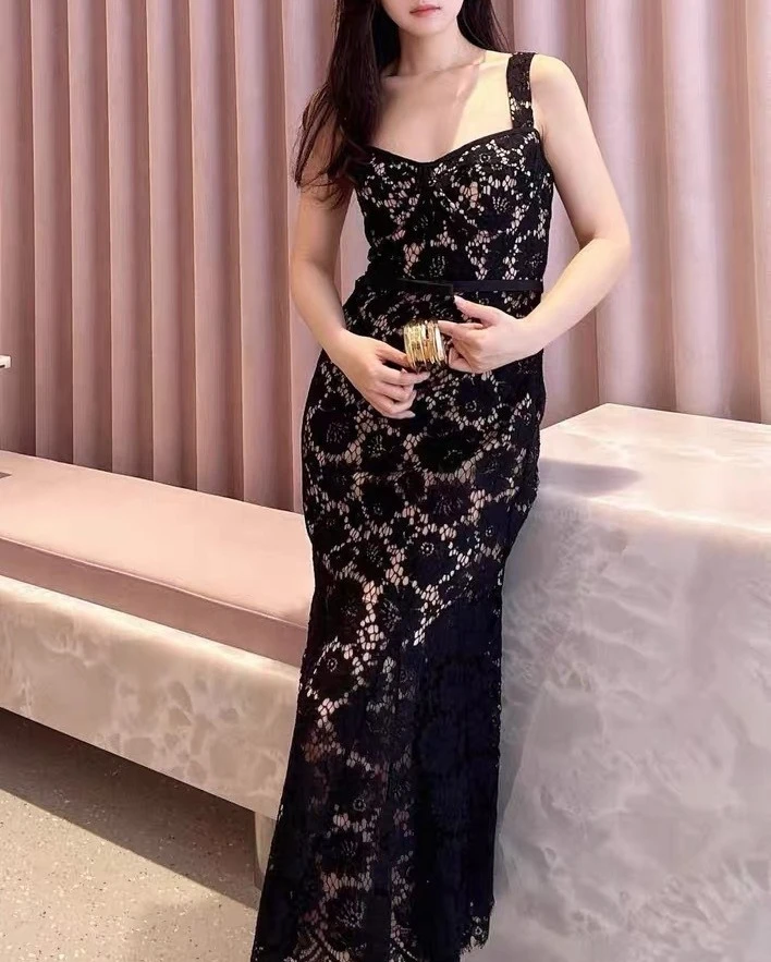 

Women's black vintage lace dress waist fishtail dress evening party midi robe