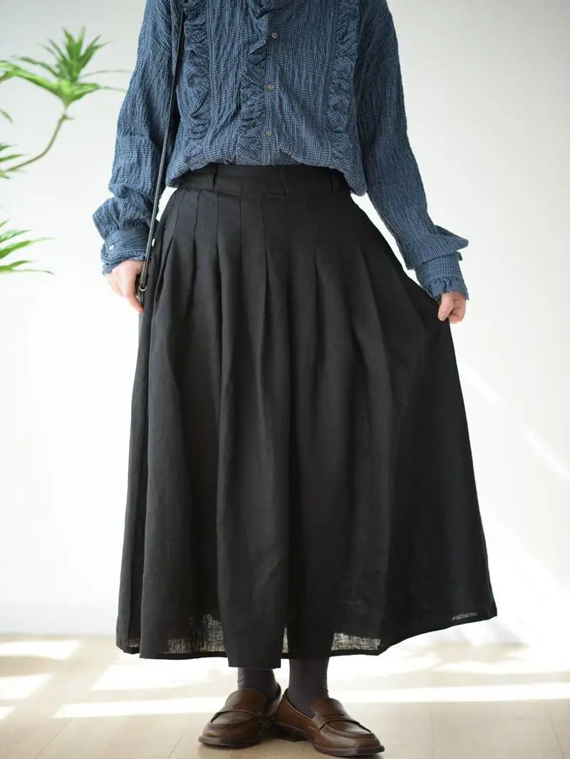 

Льняная юбка-миди Weiyang Forest с плиссировкой на талии, эластичным поясом и эффектом стройности, весна-лето