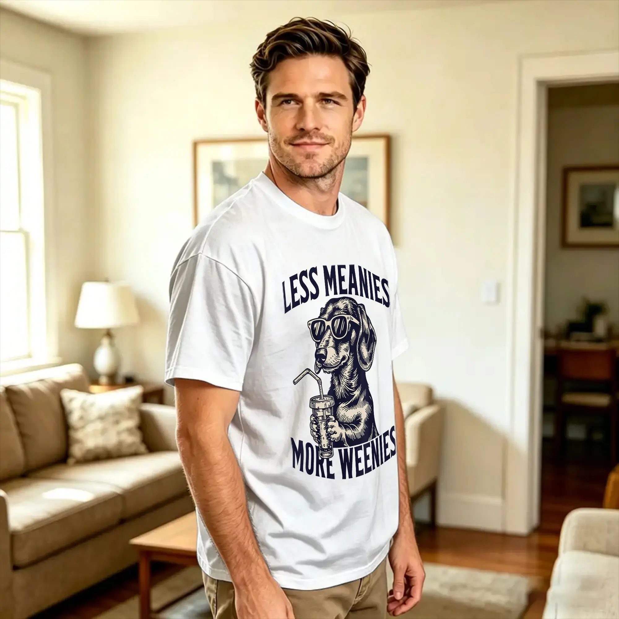 Less Meanies More Weenies Dachshund T-Shirt Man  Street Style T-Shirts Summer Crew Neck Trending Tees Print Oversized Tops