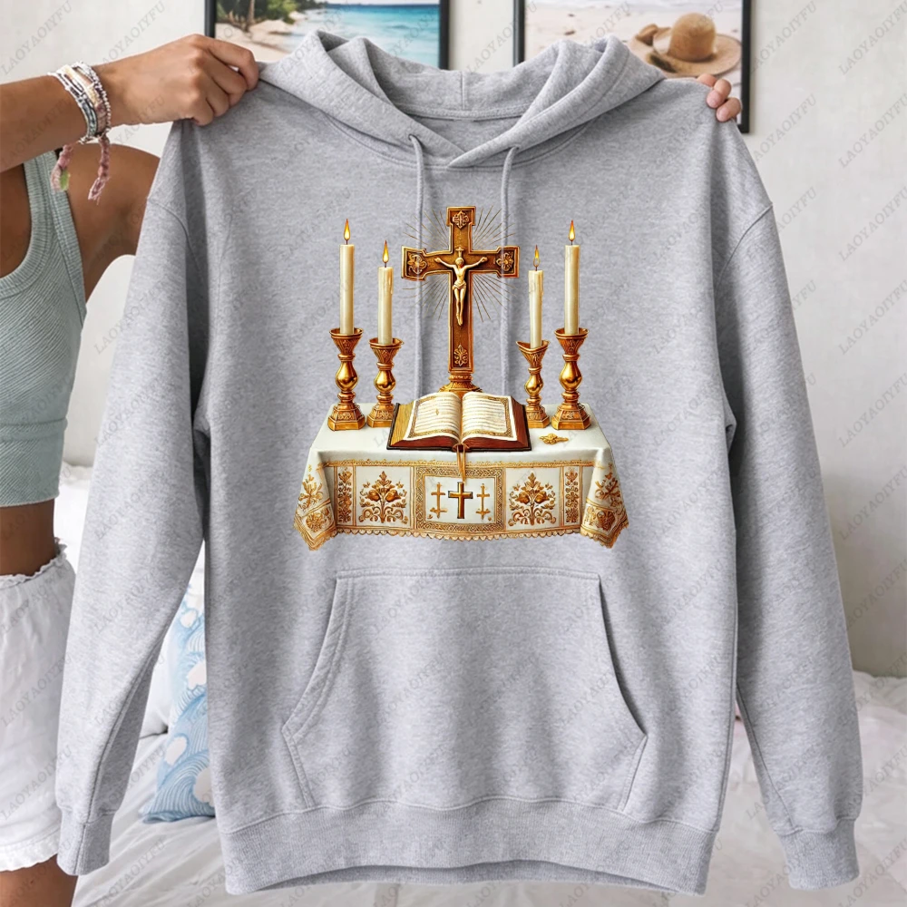 Catholic Altar Crucifix Candles Bible Prayer Women Casual Long Sleeve Hoodie Devotional Religious Faith Christian Gift Top