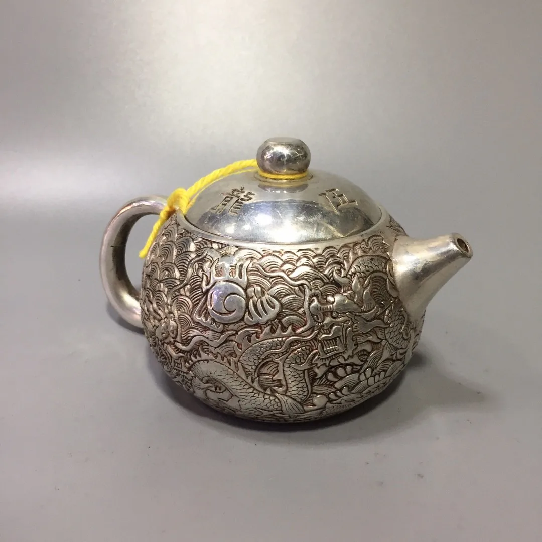 Chinese White Copper Silver Plated Dragon Teapot 5 Dragons Playing with Water Embossed Dragon Kung Fu Tea Set Ornament