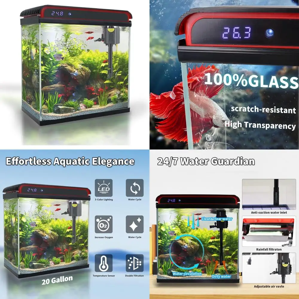 

20 Gallon Smart Fish Tank Aquarium Kit: Self-Cleaning, 3-Color LED Lighting, Quiet Pump, Filter, and Temperature Control