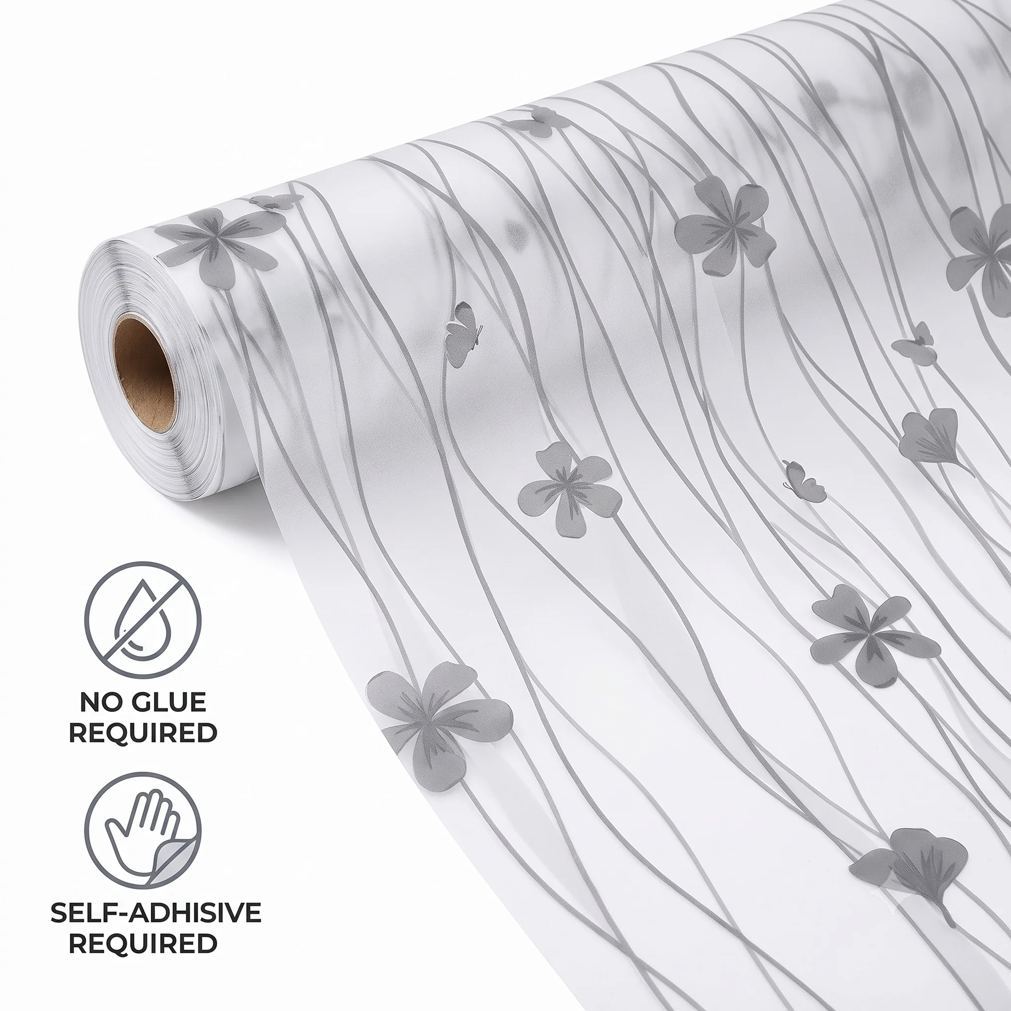 Grey Butterfly Flower Self-Adhesive Window Film Frosted Privacy Glass Sticker Anti-Peeping Soft Light Decorative Bath Decal