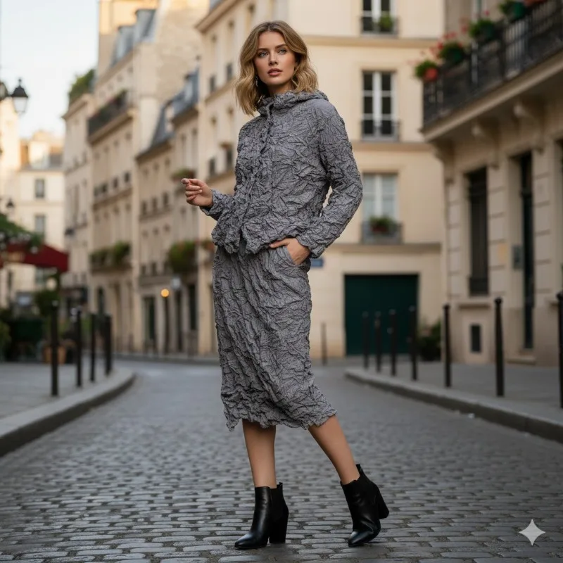 

Miyake грязная плиссированная хлопковая юбка, костюм для женщин, зима 2025 года, новый дизайн, куртка со складками, полуюбка, модная комплект из 2 предметов с капюшоном