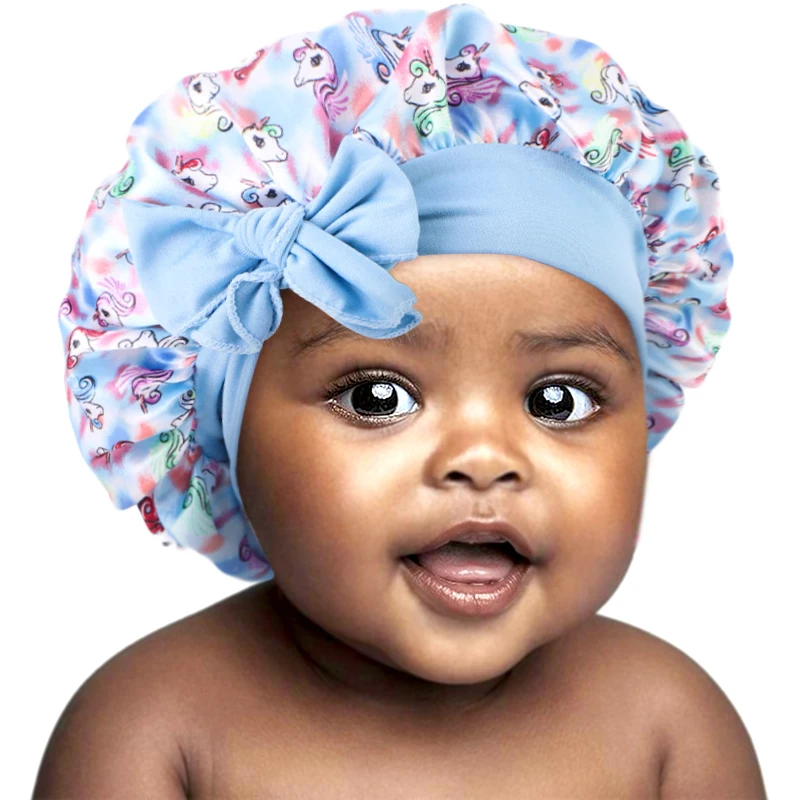 New Kids Satin Bonnet with Band Tie Hair Scarf Adjustable Flower Printed Silky Sleep Cap Wide Band Sleeping Cap for Toddler