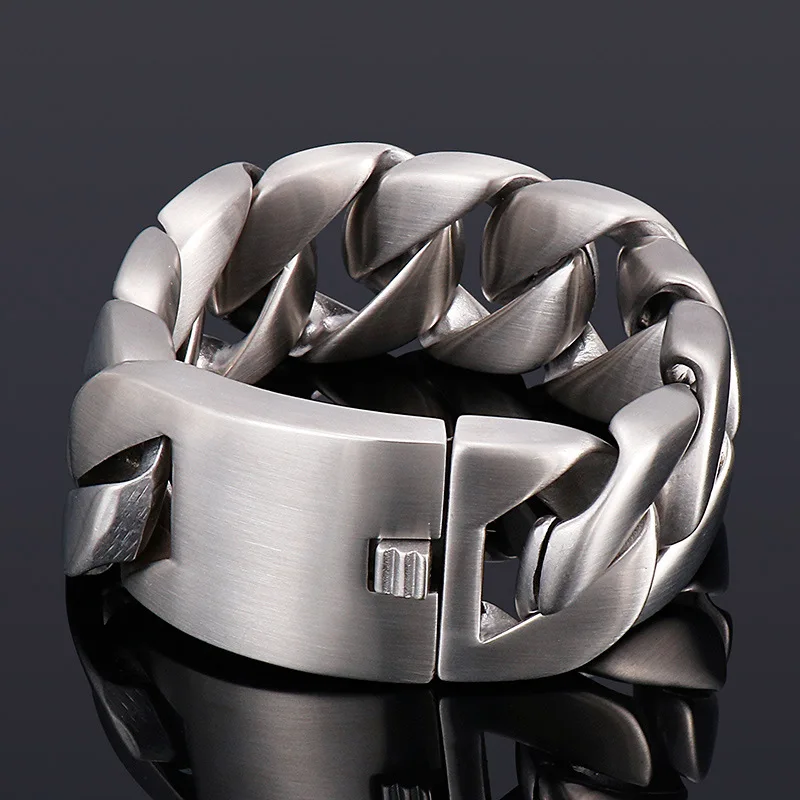 31mm Punk Retro Matte Brush Curb Cuban Chain Bracelet Men Women Hiphop Rock Gold Color Stainless Steel Bike Biker Bangle Jewelry