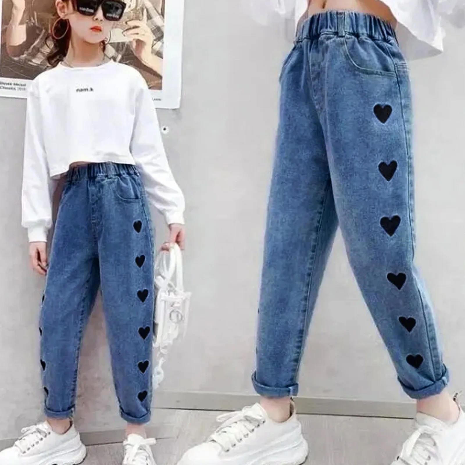 Girls Heart Embroidered Jeans Kids Daily Wear Elastic Waist Pocketed Pants Children Casual Soft Cuffed Ankle Long Trousers