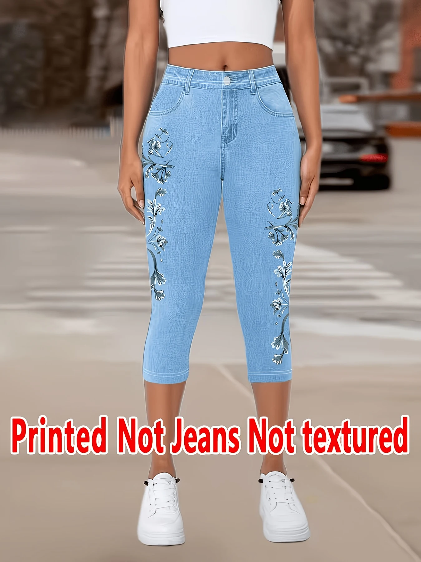 Women's Fashion Printed Faux Denim Capri Leggings, Blue Versatile High Elastic Casual Sports Cropped Pants