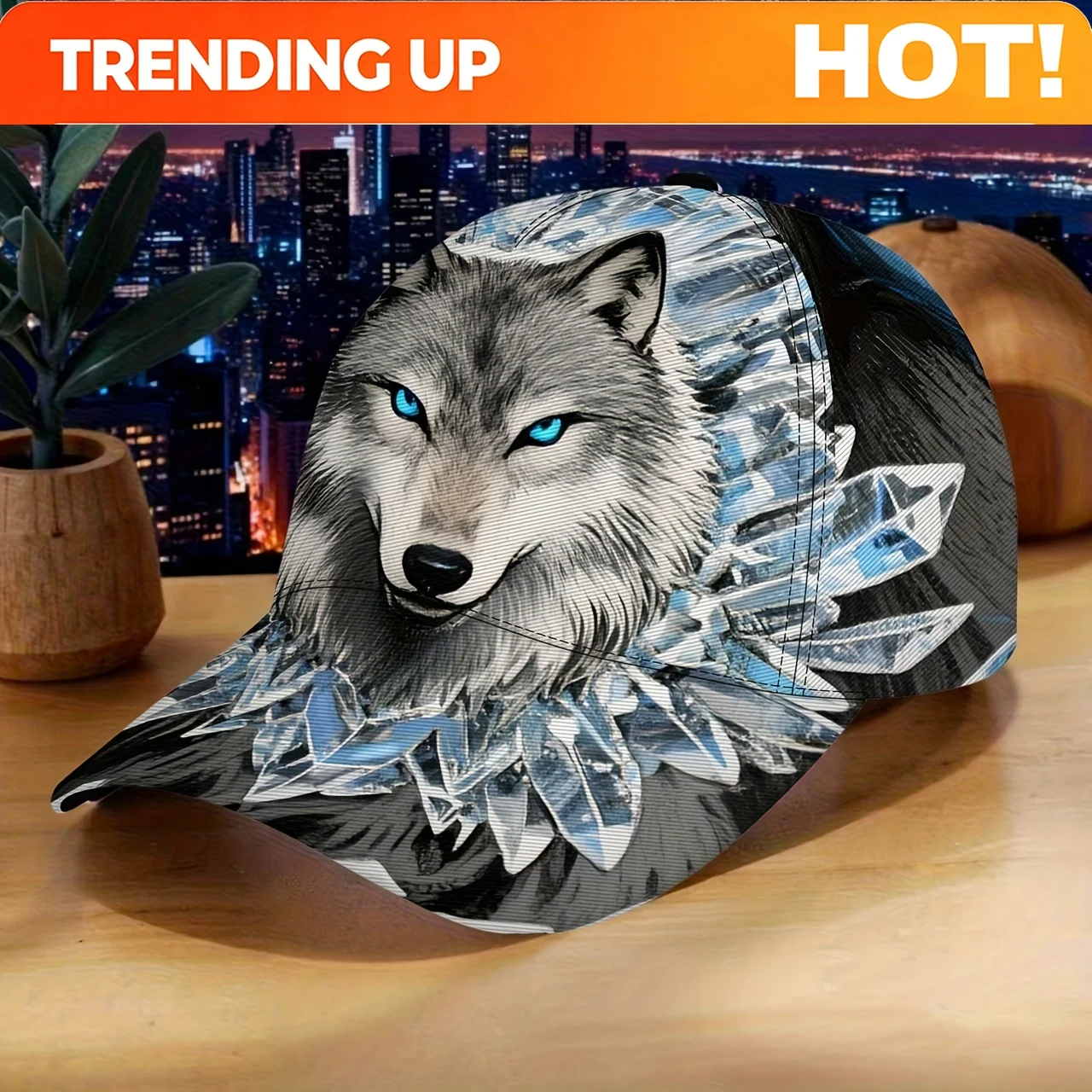 Customization Customization Ethereal Wolf Print Baseball Cap -- Piercing Blue-Eyed Wolf And Shimmering Crystal Details. A Bold,