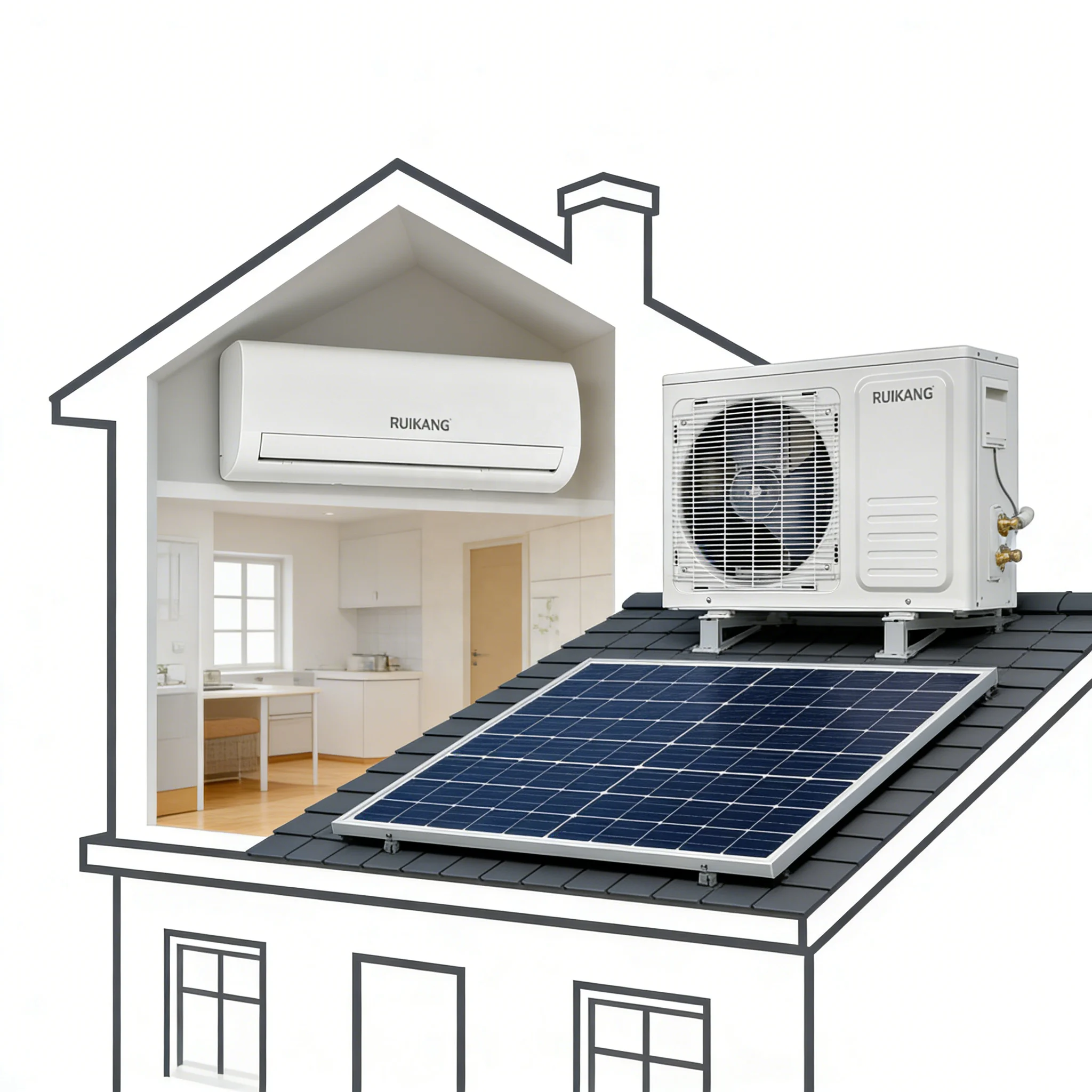 RUIKANG 12000 BTU Hybrid Solar Air Conditioner, Wholesale Bulk Supply Split Type Solar AC for Hotel & Residential Projects