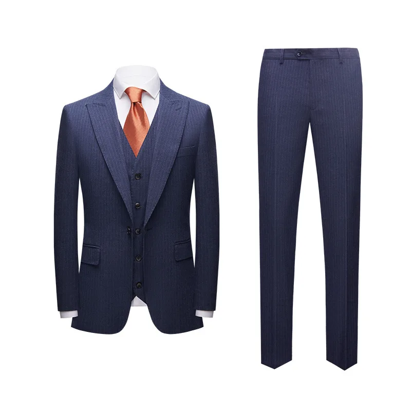 European and American New Men's Suits Korean Slim Blue Retro Stripes Texture Simple Fashion Leisure Suit Three-piece Suit.