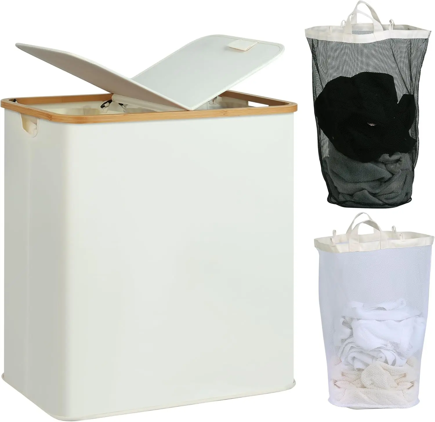 

Laundry Hamper with Lid, Double Laundry Hamper with 2 Removable Bags, 2 Section Laundry Basket