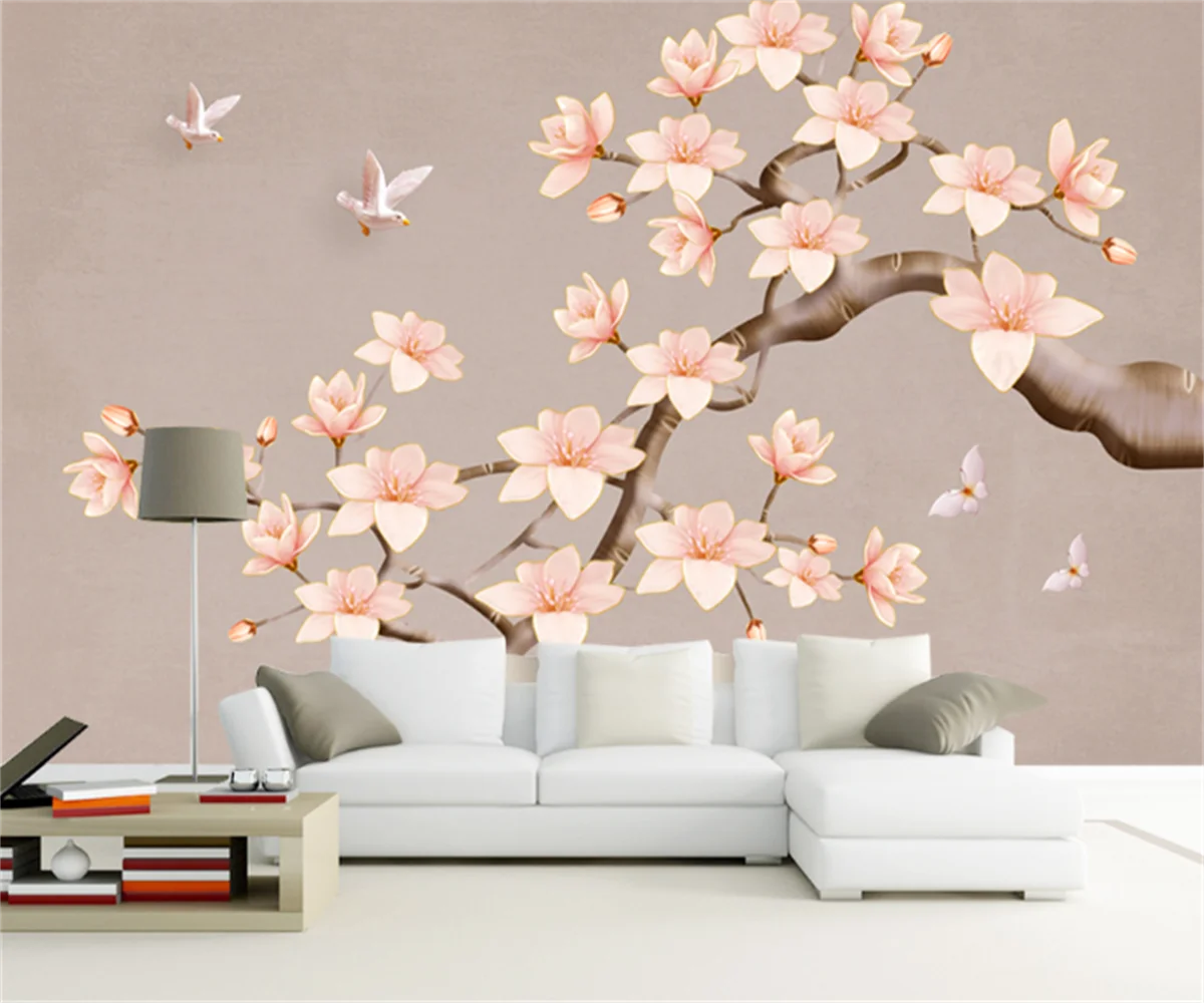 Professional custom 3D home wallpaper stickers modern Chinese style plum blossom and bird background wall decoration painting