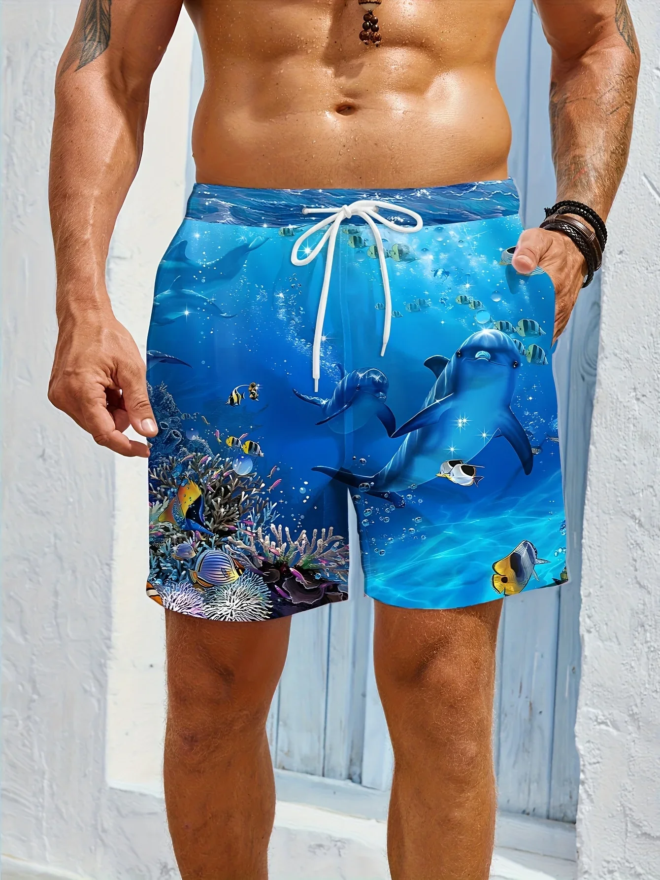 Top Selling Summer Hawaii Sport Swim Trunks All Over Marine Sketch Print Loose Straight Cut Breathable Foldable Outdoor Shorts
