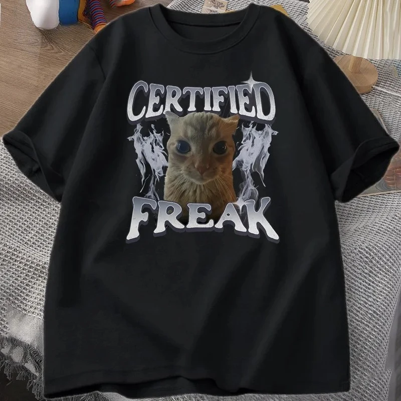 Certified Freak Funny Cat Emoji T-shirt Womens Retro Cat Graphic T-shirt Funny Pet Humor 90s Y2K Clothing T-shirt Fashion Y2K