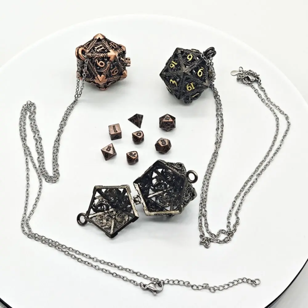 1 Set 20-sided Hollow Metal Dice Necklace DND TRPG Hollow Metal Dice Torque Mini Exquisite Polyhedral Dice Necklace