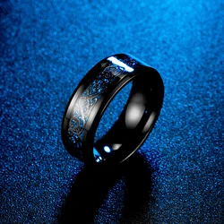 Viking Dragon Black Wedding Band Rings For Men Stainless Steel Inlaid Blue Carbon Fibre Punk Knuckle Ring Jewelry Bague Homme