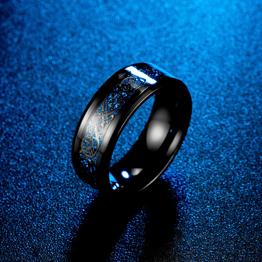 Viking Dragon Black Wedding Band Rings For Men Stainless Steel Inlaid Blue Carbon Fibre Punk Knuckle Ring Jewelry Bague Homme