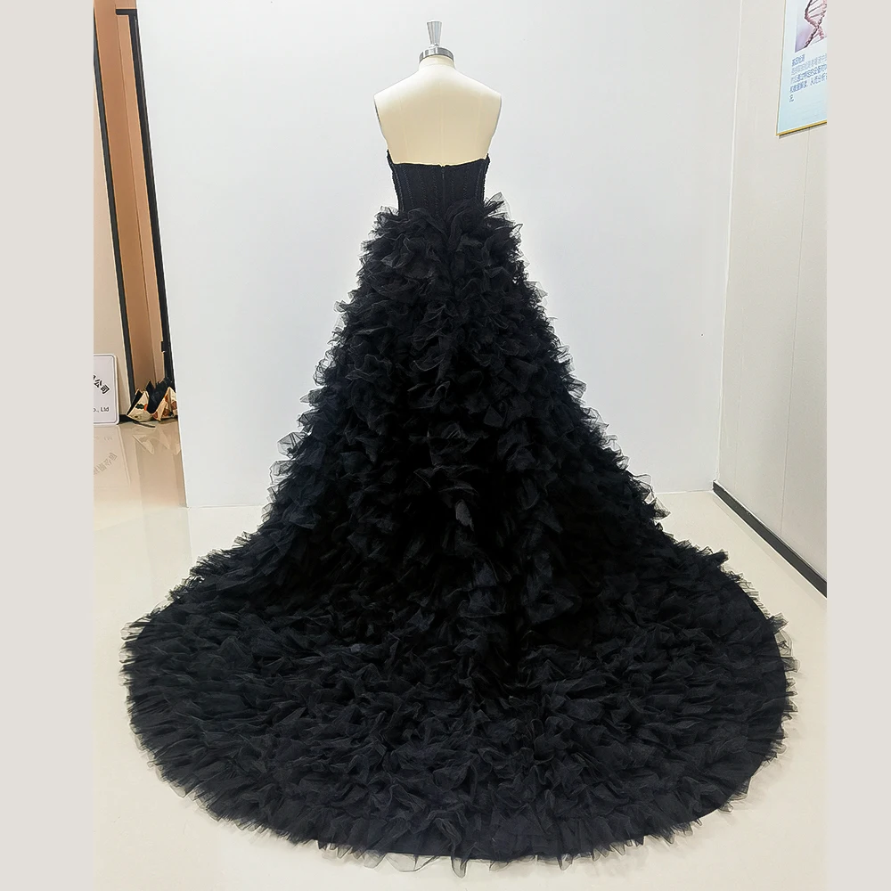 Elegant Black Strapless Pleated A-Line Evening Dress New Fashion Female Floor Length Party Prom Ball Gowns