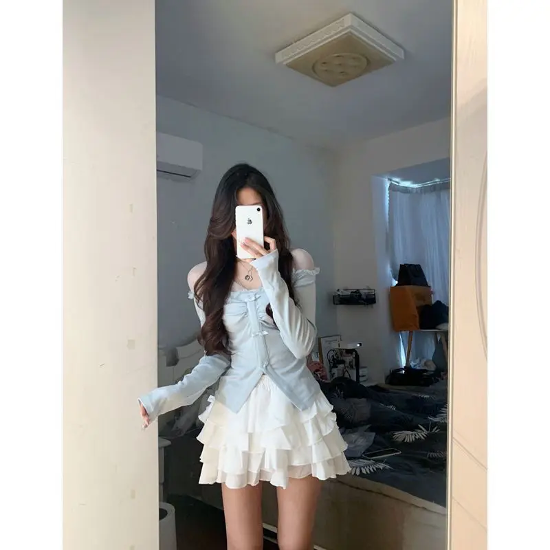 Sets for Women 2 Pieces Outfit New in Matching Set Y2K Two Piece Set Korean Fashion Long Sleeve Elegant Top and White Skirt Cute