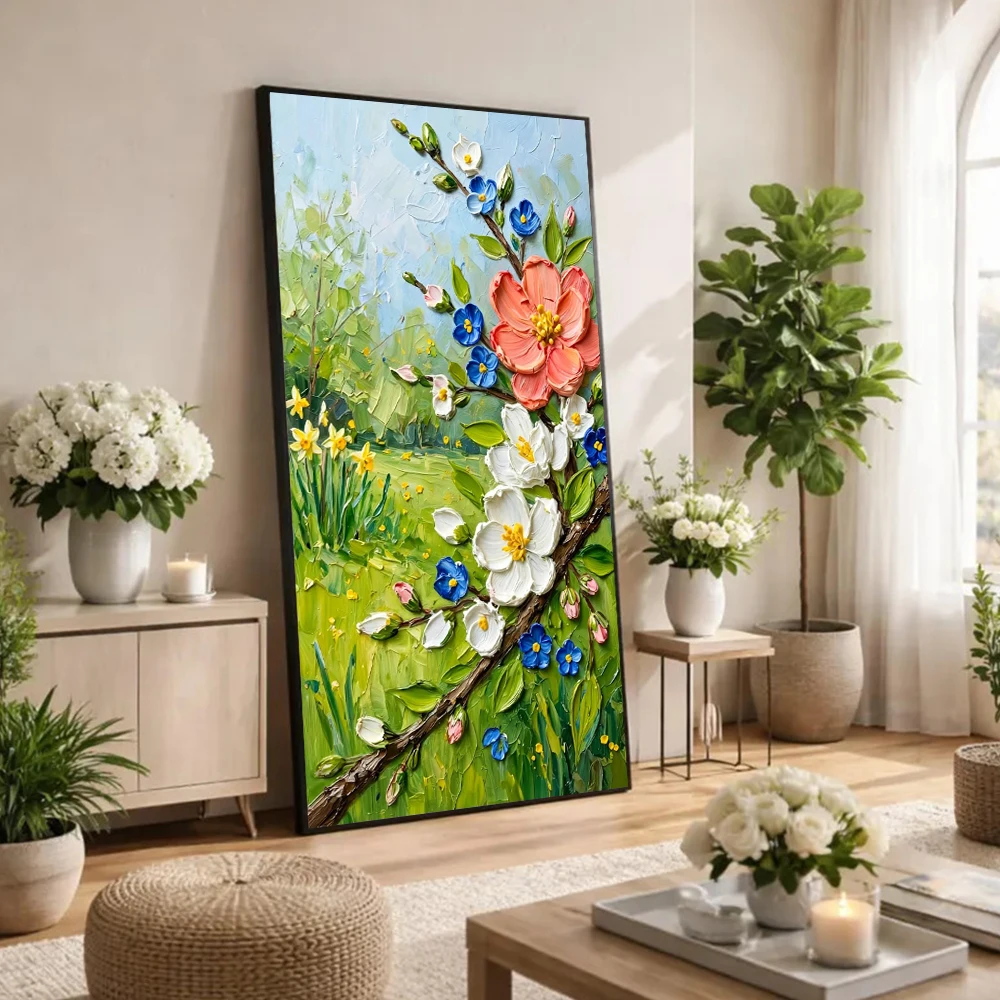 Large-sized frameless canvas paintings,Spring Flower Canvas Wall Art Colorful Floral Landscape Painting Print Vintage Garden Nat