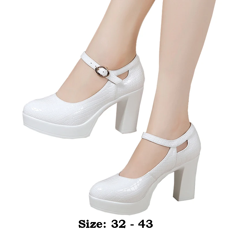 

high quality leather shoe for women 9cm 12cm high heel platform round toe 32 33 42 43 elegant and fashion shoe white black