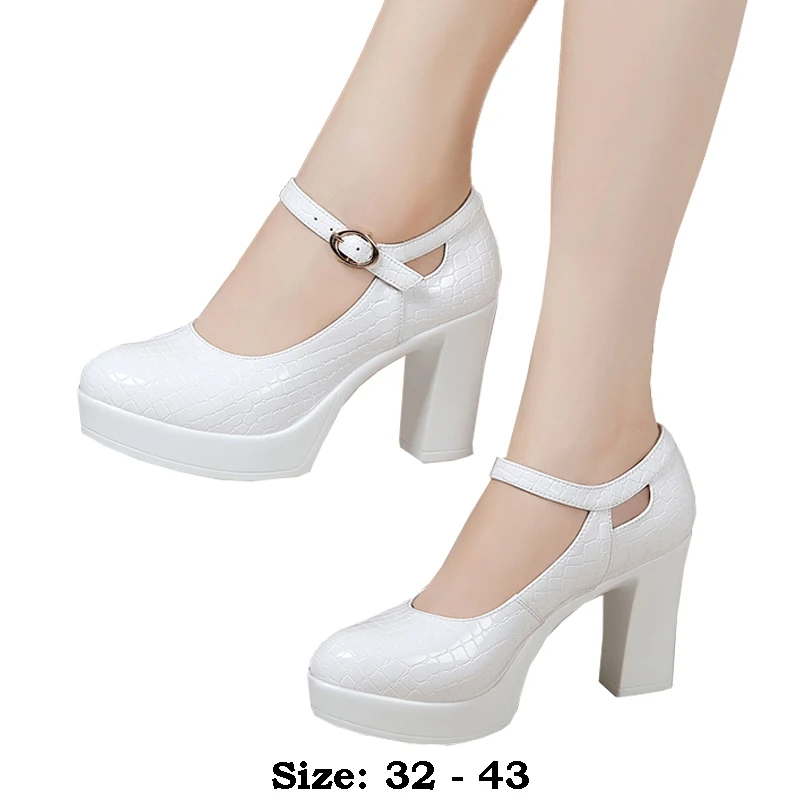 high quality leather shoe for women 9cm 12cm high heel platform round toe 32 33 42 43 elegant and fashion shoe white black