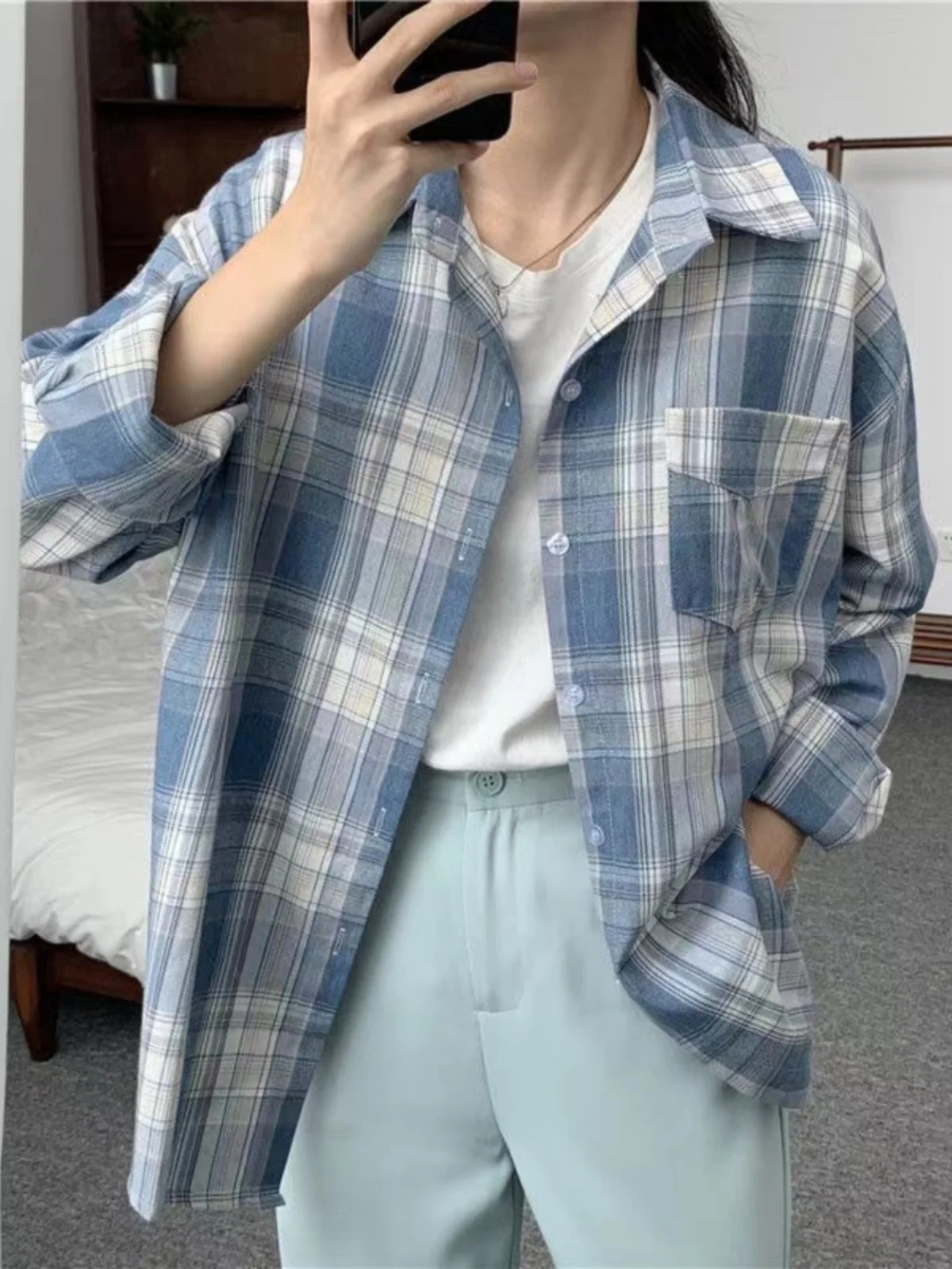 2025 New Women's Loose Plaid irt Korean Sle Design Sensation Spring Autumn Faion Commute Sle Regular Sve Long ...