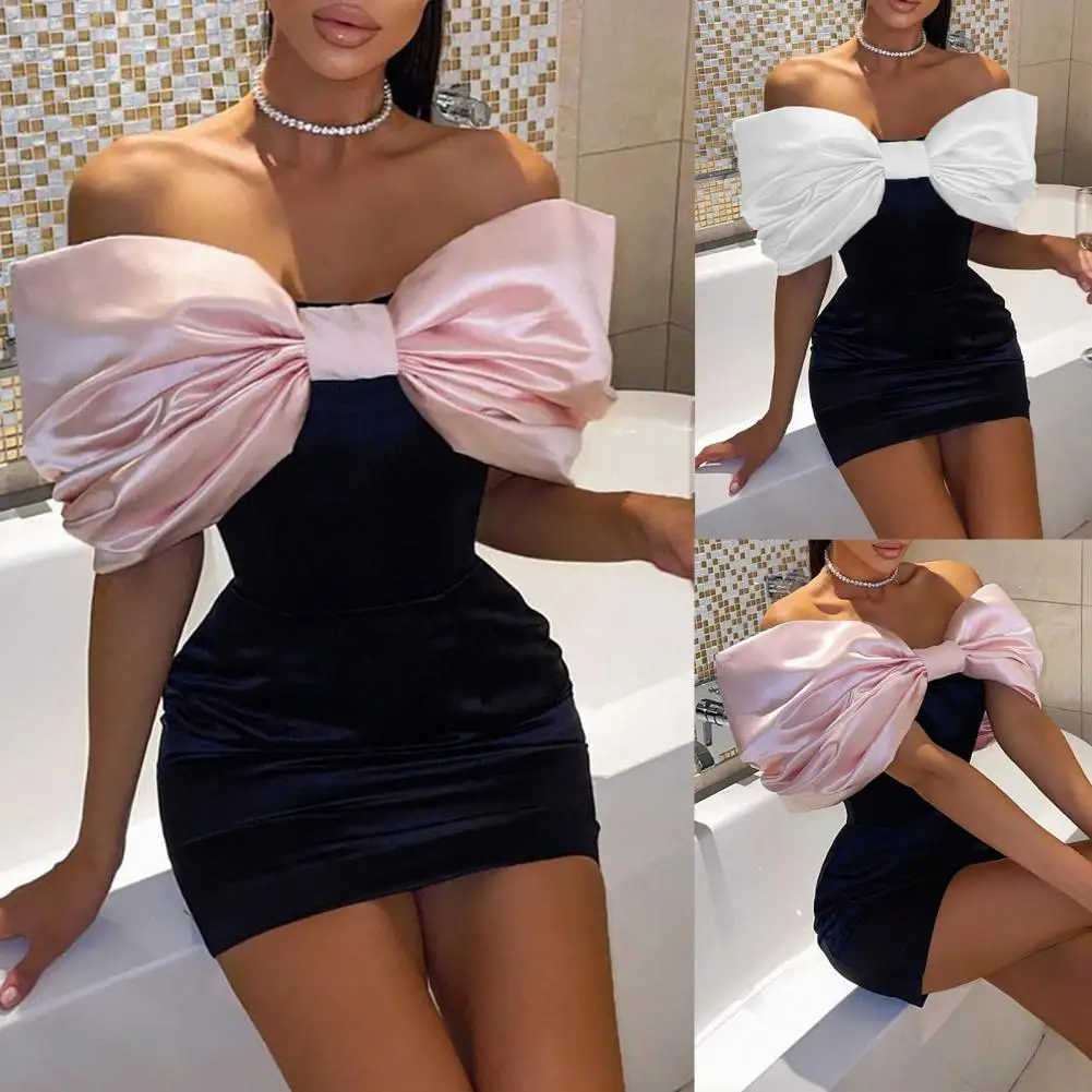 

Bowknot Women Party Dresses Sexy Elegant Bodycon Female Strapless Cold Shoulder Backless Pink Mini Tight Dress Female Clothing