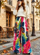 Didi Directional Butterfly Moth Print Plant Wide Leg Loose Pants