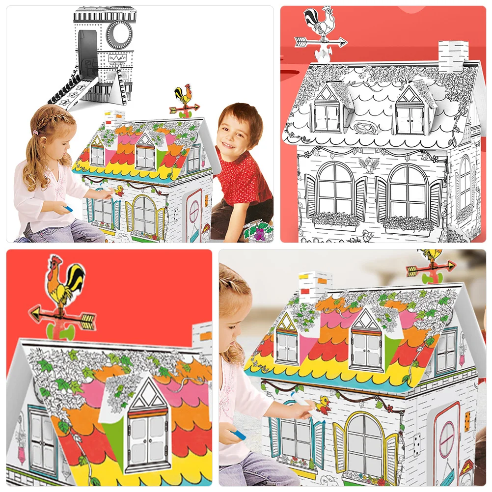 1セット落書きDIY描画パズル3Dヴィラ型塗り絵クラフトキット子供向け手作り組み立てセット