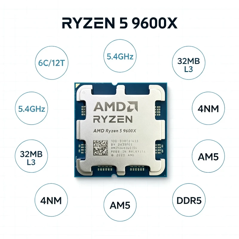 Ryzen 5 9600X AMD AM5 Processor 5.4GHz 6C12T 32MB L3 Cache DDR5 4NM 65W without Cooling Fan