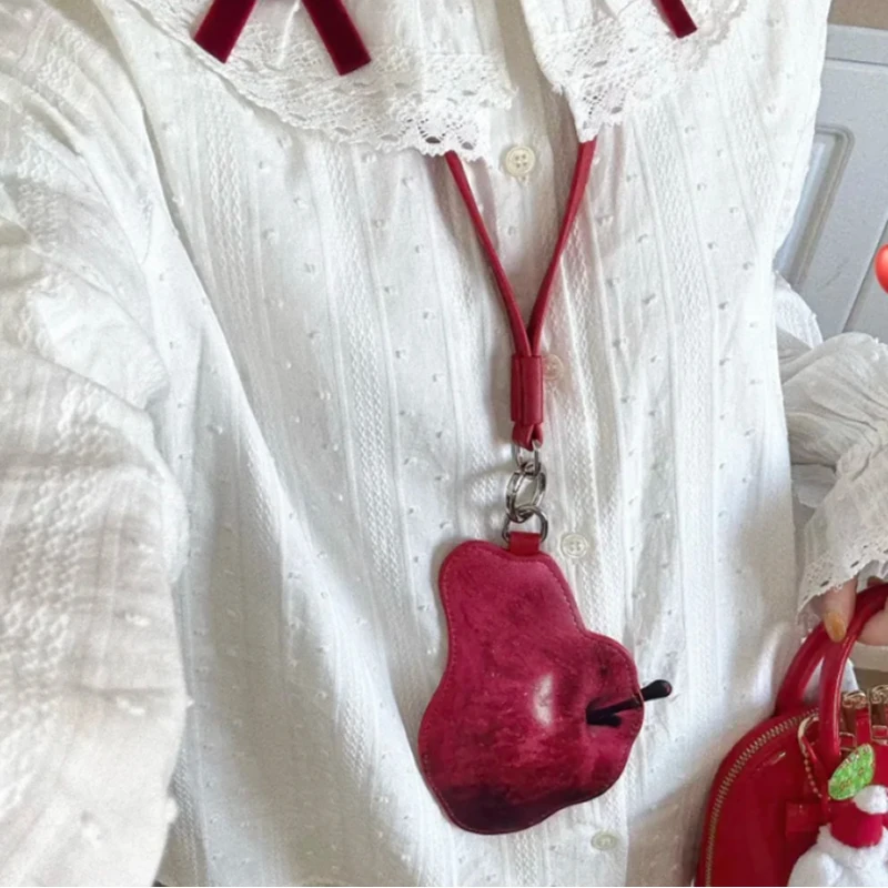 Cute Apple Shape Card Holder Vintage PU Leather Neck Hanging Coin Purse Mini Card Holder Pouch Fashion Key Pendant Accessory
