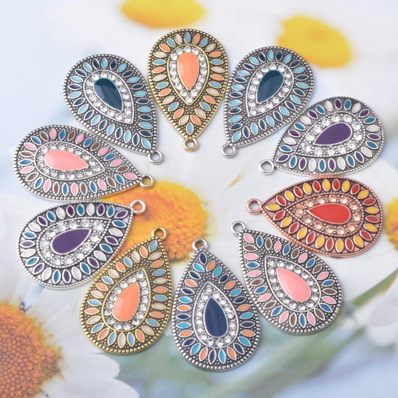 10pcs Bohemia Zinc Alloy Antique Silvery Round Charms Earrings Retro Rhinestone Enamel Pendant DIY Women's Jewelry Making