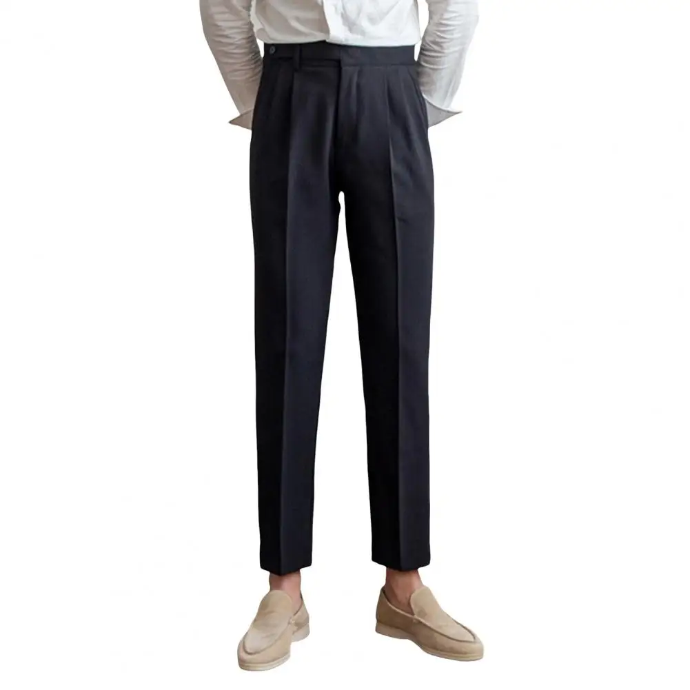 Solid Color Suit Trousers Business Pants Formal Business Style Men's Suit Pants Wide Leg Mid-high Waist Pockets Button-zipper