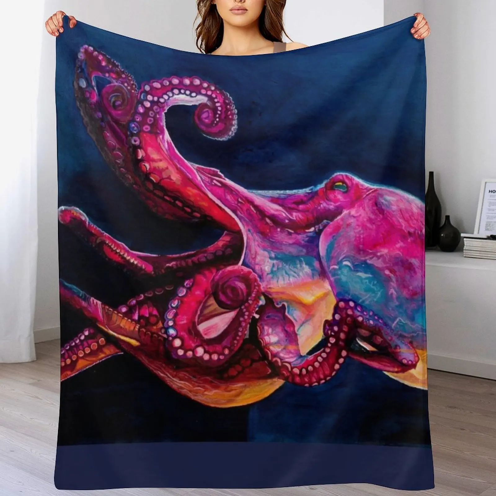 Deep colourful pink and blue octopus ink painting from the depths Throw Blanket Vintage Furry Personalized Gift Blankets