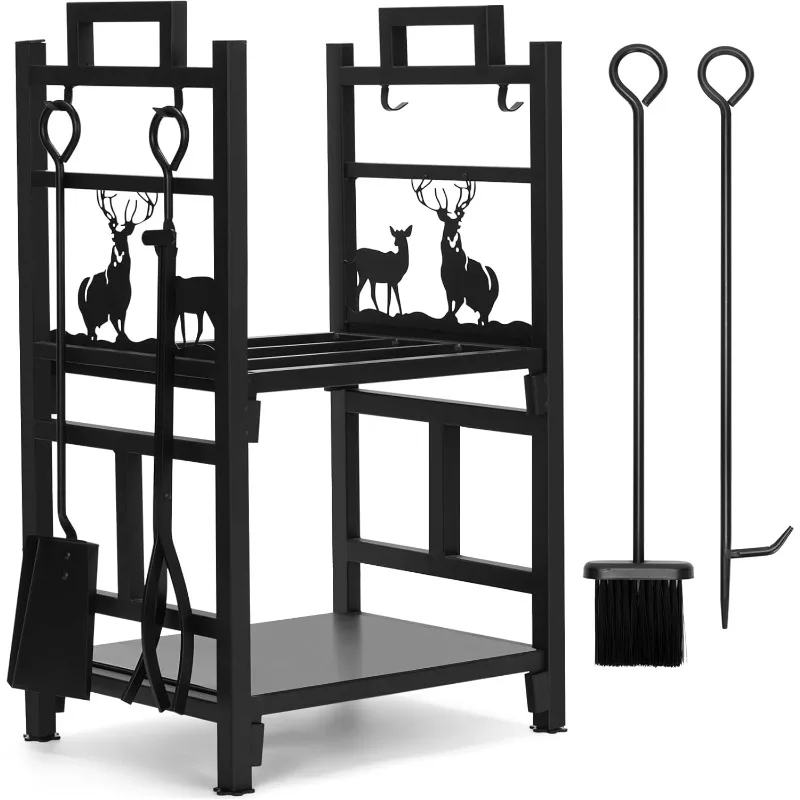 مجموعة أدوات Fireplce Firepit رف الحطب، حامل سجل خشبي حديدي بطبقة مزدوجة لملحقات الأماكن الداخلية الخارجية