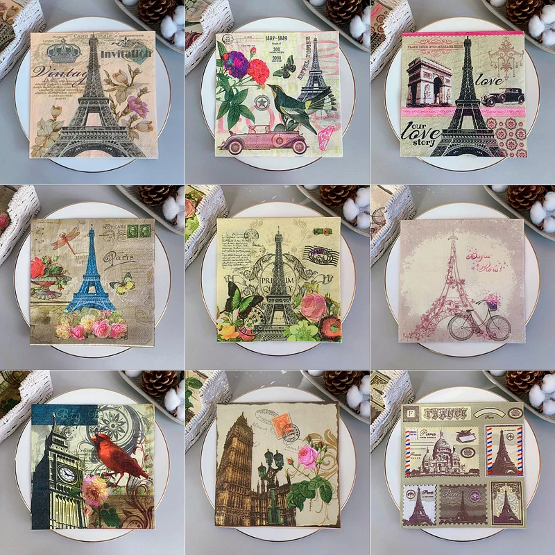 20Pcs/8Pcs Wieża Eiffla Architektura stołu Decoupage Serwetki papierowe Vintage Architektura Chusteczki papierowe na wesele Materiały imprezowe