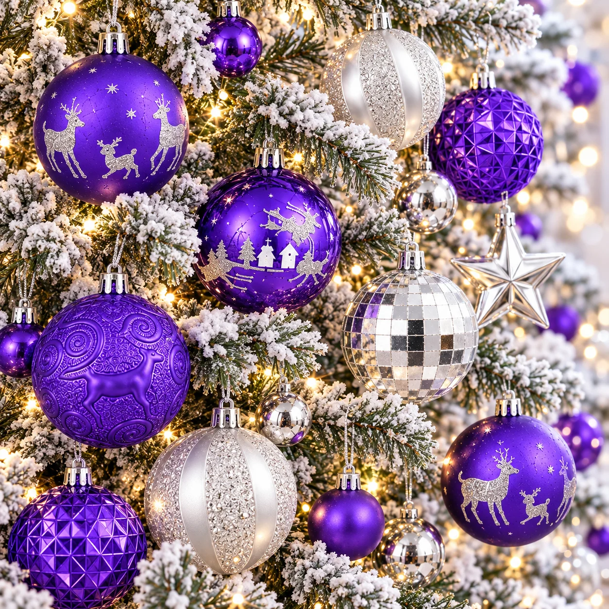 44PCS Purple Christmas Ornaments Set, Glitter Balls Star Baubles Reindeer Tree Hanging Decor Holiday Decoration