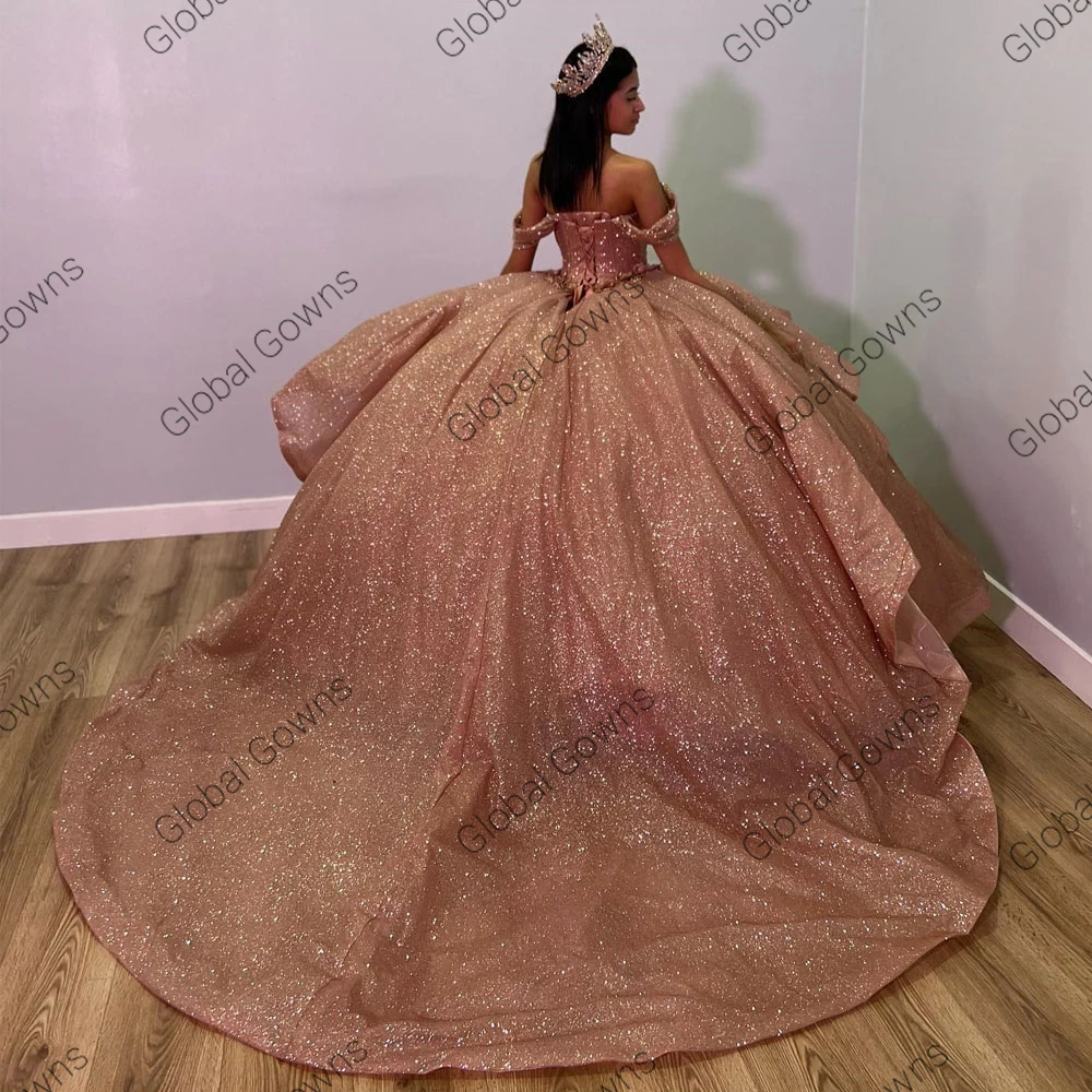 Rotterdam Ky Rose Gold 3D Flowers Off Initiated Quinceanera fur s, Bead Tiered Princess Ball Gown, Sweet 16 Birthday Party, bt