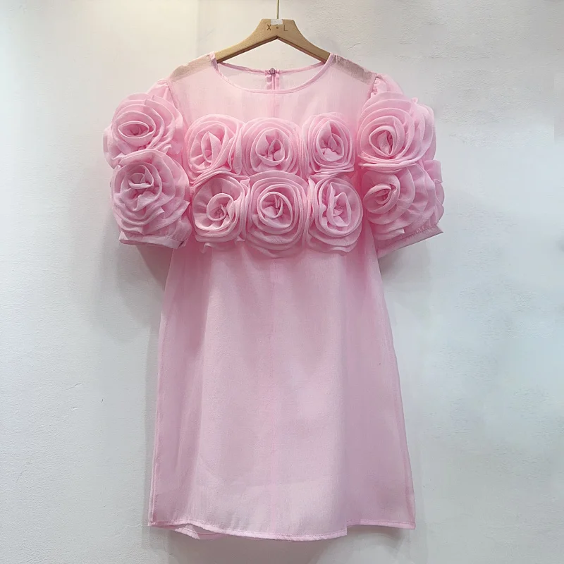 Robe en maille épissée à fleurs 3D pour femmes, patchwork de gaze, t-shirts floraux A-Line, poubelle éducative, été de luxe, 2024