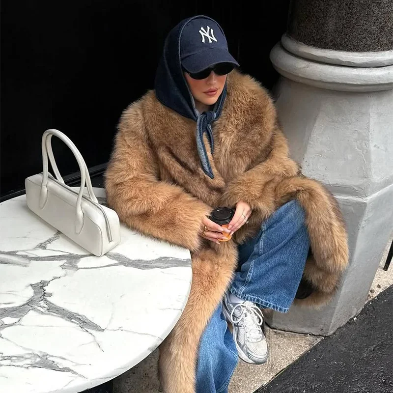 Slay Girl Winter Fashion Brown Stripes Faux Fox Fur Maxi Coat Iconic Plush Outwear Stylish Outfit Inspiration with Vintage Fur